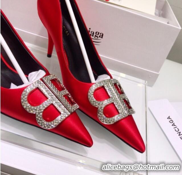 Best Price Balenciaga Crystal BB Square Knife 7.5cm Pump in Stretch Satin 051505 Red