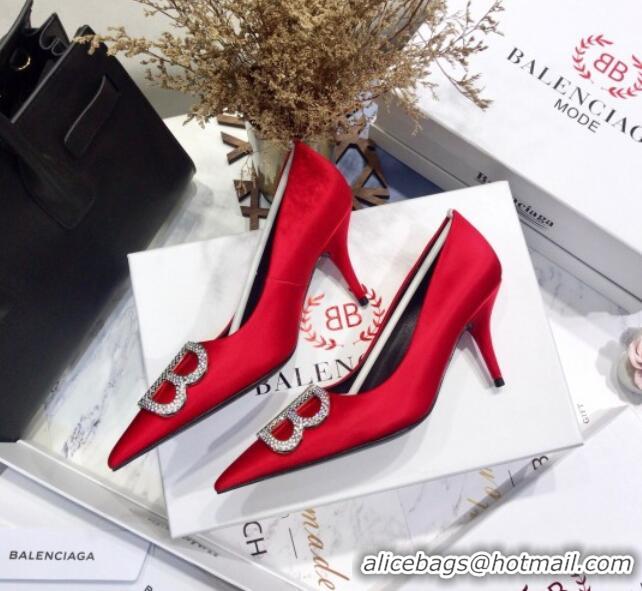 Best Price Balenciaga Crystal BB Square Knife 7.5cm Pump in Stretch Satin 051505 Red