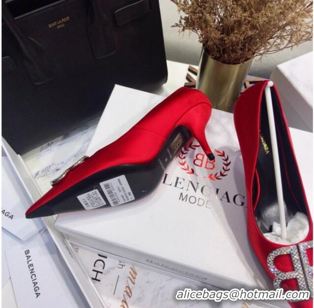 Best Price Balenciaga Crystal BB Square Knife 7.5cm Pump in Stretch Satin 051505 Red