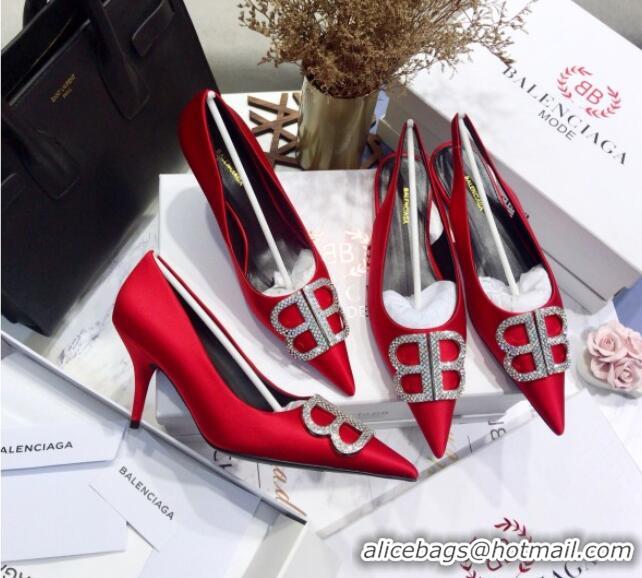 Best Price Balenciaga Crystal BB Square Knife 7.5cm Pump in Stretch Satin 051505 Red