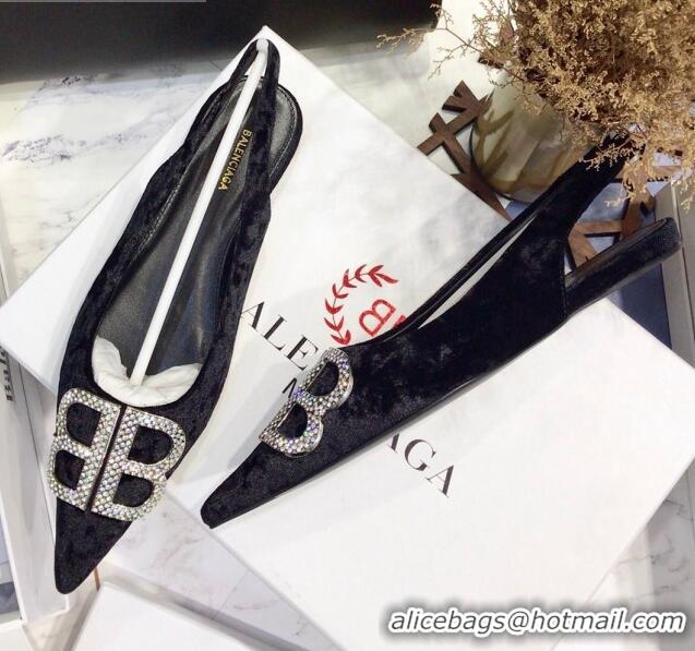 Discount Balenciaga Crystal BB Flat Slingback Ballerina in Velvet Black 051507