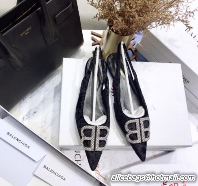 Discount Balenciaga Crystal BB Flat Slingback Ballerina in Velvet Black 051507