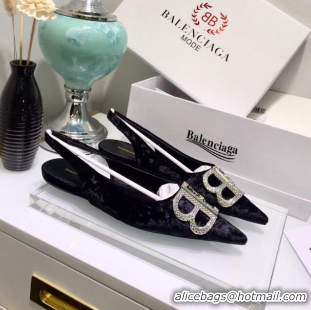 Discount Balenciaga Crystal BB Flat Slingback Ballerina in Velvet Black 051507