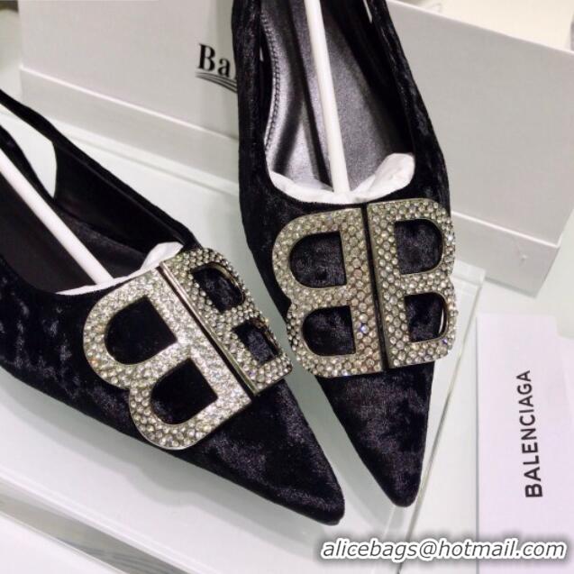 Discount Balenciaga Crystal BB Flat Slingback Ballerina in Velvet Black 051507