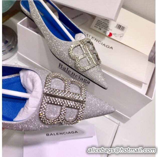 Stylish Balenciaga Crystal BB Flat Slingback Ballerina in 051507 Silver Shiny Lurex