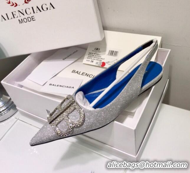 Stylish Balenciaga Crystal BB Flat Slingback Ballerina in 051507 Silver Shiny Lurex