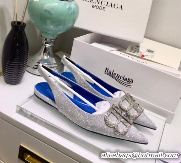 Stylish Balenciaga Crystal BB Flat Slingback Ballerina in 051507 Silver Shiny Lurex