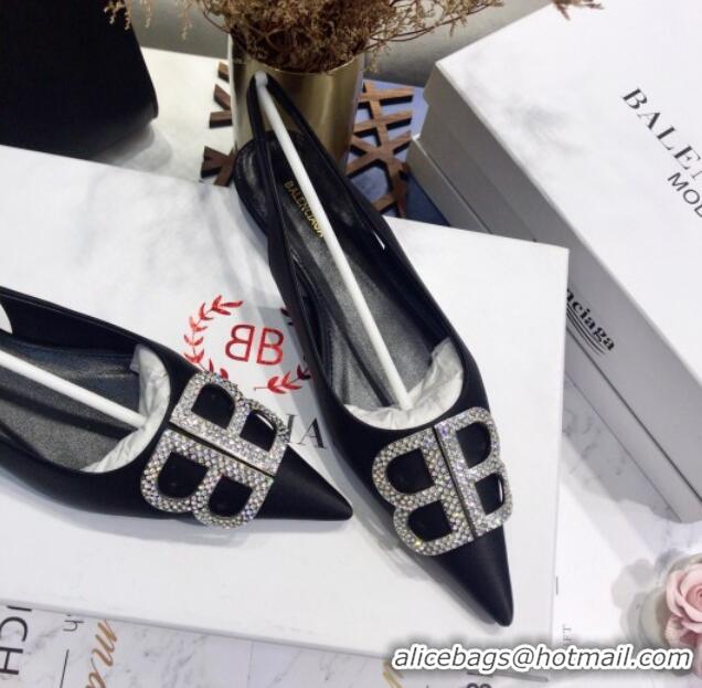 Best Price Balenciaga Crystal BB Flat Slingback Ballerina in 051507 Stretch Satin Black