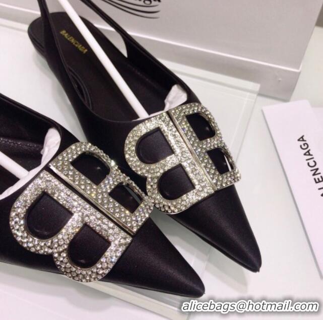 Best Price Balenciaga Crystal BB Flat Slingback Ballerina in 051507 Stretch Satin Black