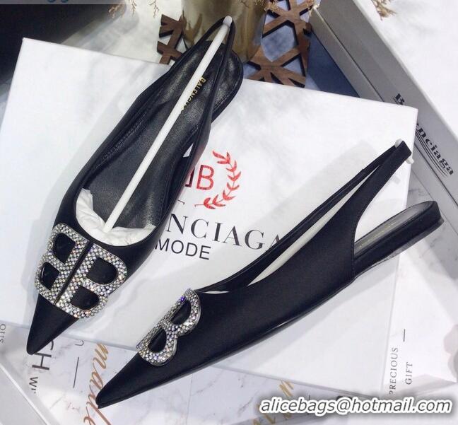 Best Price Balenciaga Crystal BB Flat Slingback Ballerina in 051507 Stretch Satin Black