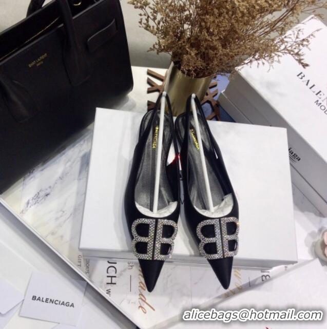 Best Price Balenciaga Crystal BB Flat Slingback Ballerina in 051507 Stretch Satin Black