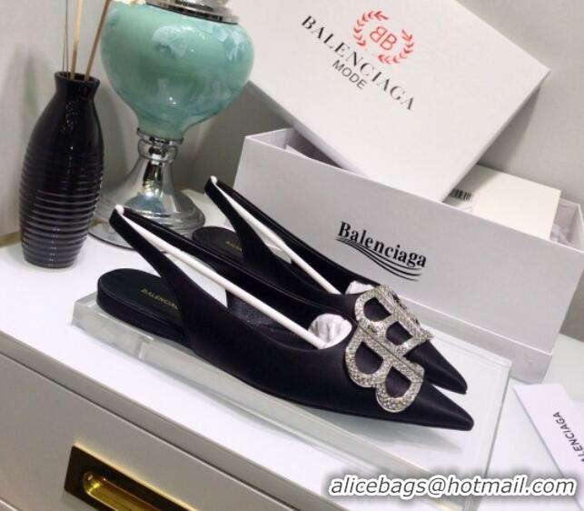 Best Price Balenciaga Crystal BB Flat Slingback Ballerina in 051507 Stretch Satin Black