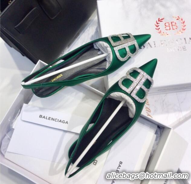 Stylish Balenciaga Crystal BB Flat Slingback Ballerina in 051507 Stretch Satin Green