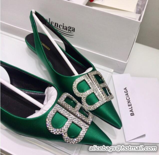 Stylish Balenciaga Crystal BB Flat Slingback Ballerina in 051507 Stretch Satin Green