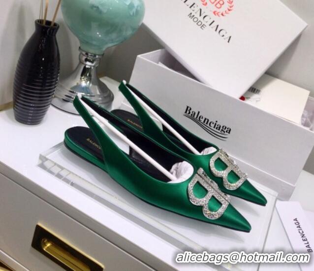 Stylish Balenciaga Crystal BB Flat Slingback Ballerina in 051507 Stretch Satin Green