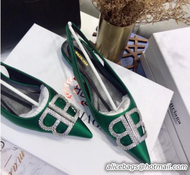 Stylish Balenciaga Crystal BB Flat Slingback Ballerina in 051507 Stretch Satin Green