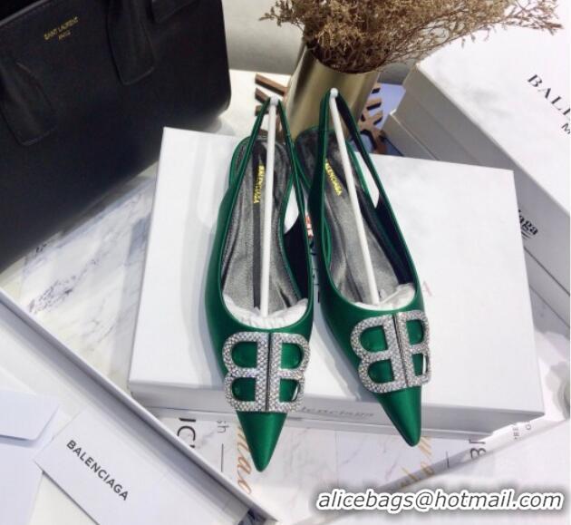 Stylish Balenciaga Crystal BB Flat Slingback Ballerina in 051507 Stretch Satin Green