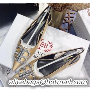 Fashion Luxury Balenciaga Crystal BB Flat Slingback Ballerina in 051507 Stretch Satin Champagne