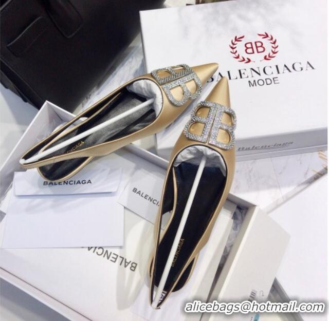 Fashion Luxury Balenciaga Crystal BB Flat Slingback Ballerina in 051507 Stretch Satin Champagne