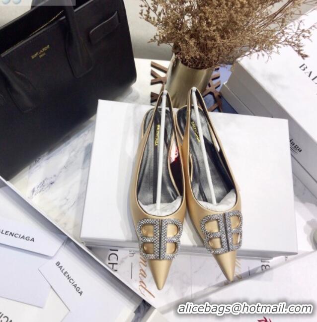 Fashion Luxury Balenciaga Crystal BB Flat Slingback Ballerina in 051507 Stretch Satin Champagne