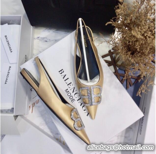 Fashion Luxury Balenciaga Crystal BB Flat Slingback Ballerina in 051507 Stretch Satin Champagne