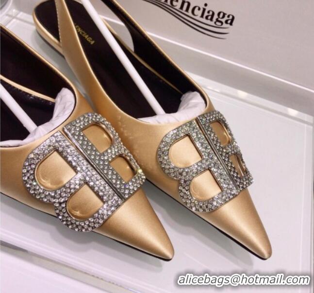 Fashion Luxury Balenciaga Crystal BB Flat Slingback Ballerina in 051507 Stretch Satin Champagne