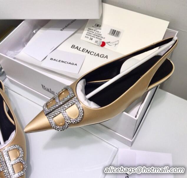 Fashion Luxury Balenciaga Crystal BB Flat Slingback Ballerina in 051507 Stretch Satin Champagne