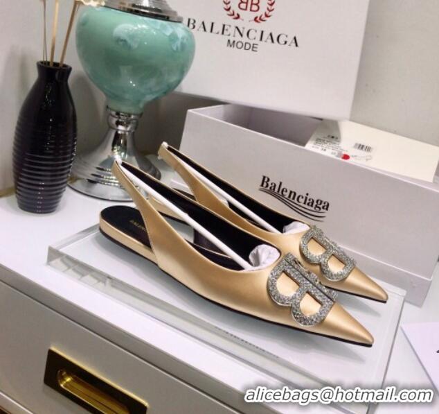 Fashion Luxury Balenciaga Crystal BB Flat Slingback Ballerina in 051507 Stretch Satin Champagne