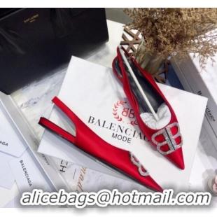 Classic Hot Balenciaga Crystal BB Flat Slingback Ballerina in 051507 Stretch Satin Red