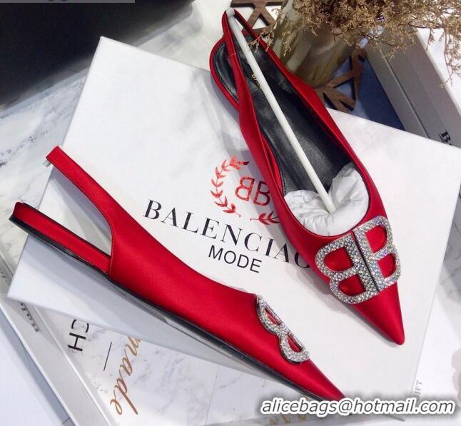 Classic Hot Balenciaga Crystal BB Flat Slingback Ballerina in 051507 Stretch Satin Red