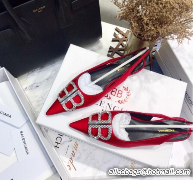 Classic Hot Balenciaga Crystal BB Flat Slingback Ballerina in 051507 Stretch Satin Red