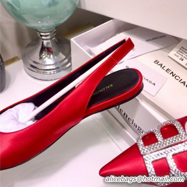 Classic Hot Balenciaga Crystal BB Flat Slingback Ballerina in 051507 Stretch Satin Red