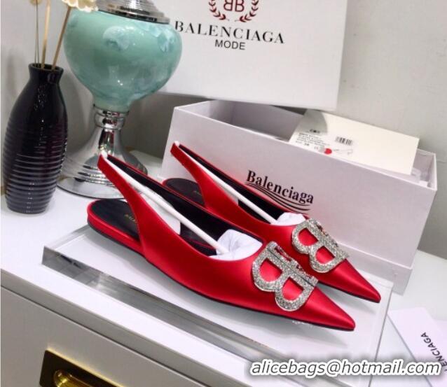 Classic Hot Balenciaga Crystal BB Flat Slingback Ballerina in 051507 Stretch Satin Red