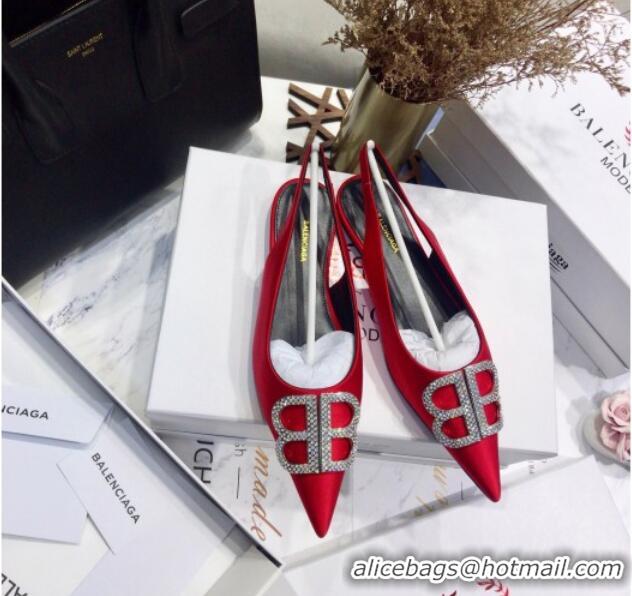 Classic Hot Balenciaga Crystal BB Flat Slingback Ballerina in 051507 Stretch Satin Red