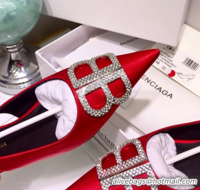 Classic Hot Balenciaga Crystal BB Flat Slingback Ballerina in 051507 Stretch Satin Red