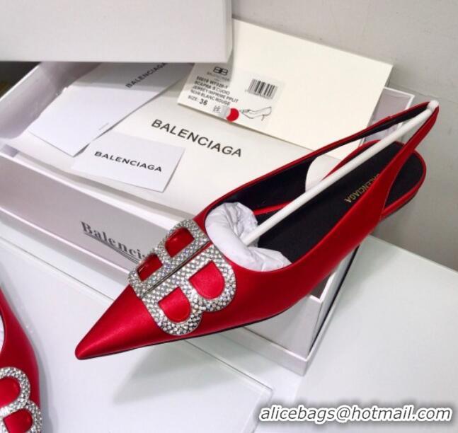 Classic Hot Balenciaga Crystal BB Flat Slingback Ballerina in 051507 Stretch Satin Red