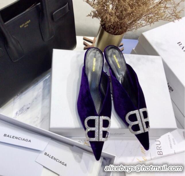 Sophisticated Balenciaga Crystal BB Knife 40mm Mule in Purple Velvet 051513