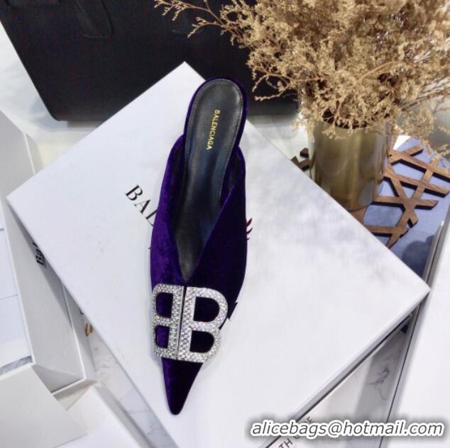 Sophisticated Balenciaga Crystal BB Knife 40mm Mule in Purple Velvet 051513