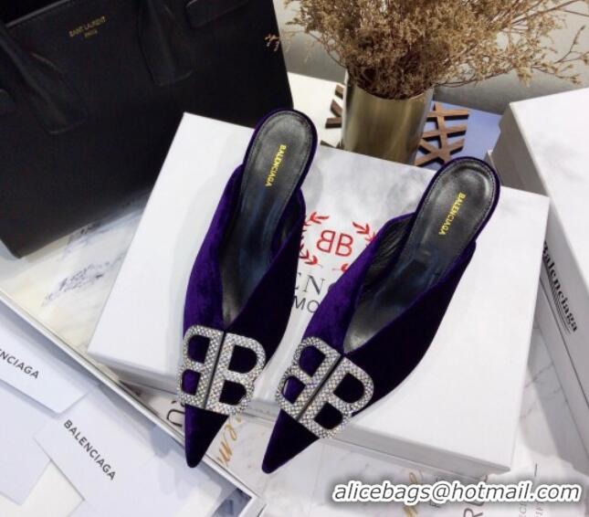 Sophisticated Balenciaga Crystal BB Knife 40mm Mule in Purple Velvet 051513