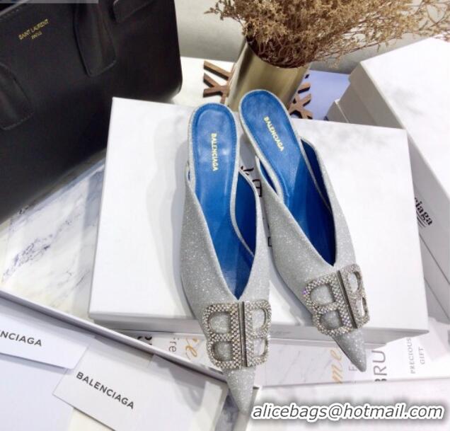 Best Price Balenciaga Crystal BB Knife 40mm Mule in Silver Shiny Lurex 051514