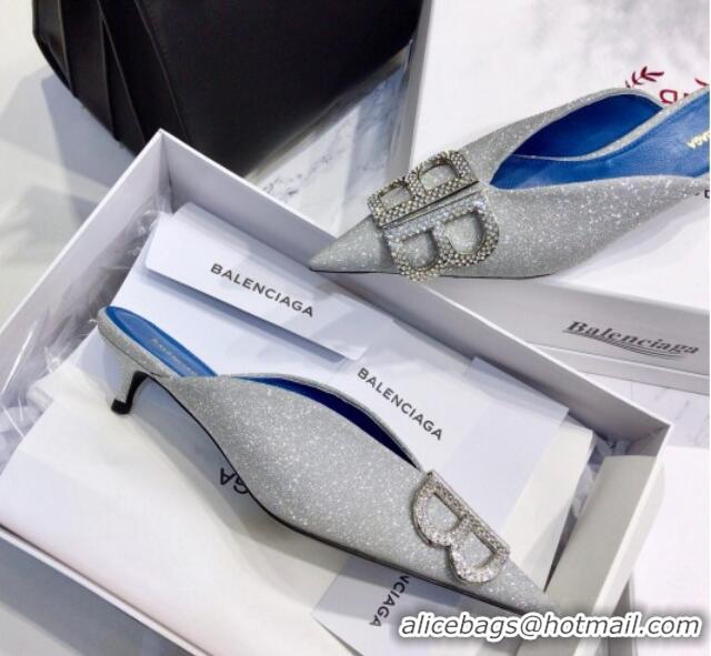 Best Price Balenciaga Crystal BB Knife 40mm Mule in Silver Shiny Lurex 051514