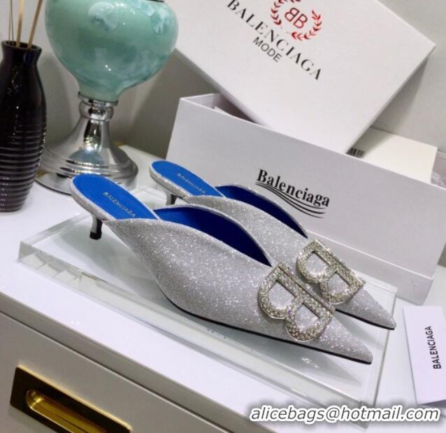 Best Price Balenciaga Crystal BB Knife 40mm Mule in Silver Shiny Lurex 051514