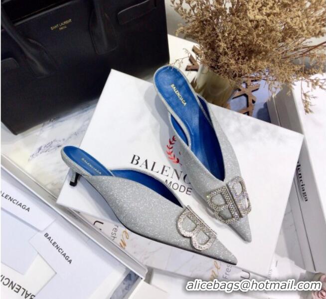 Best Price Balenciaga Crystal BB Knife 40mm Mule in Silver Shiny Lurex 051514