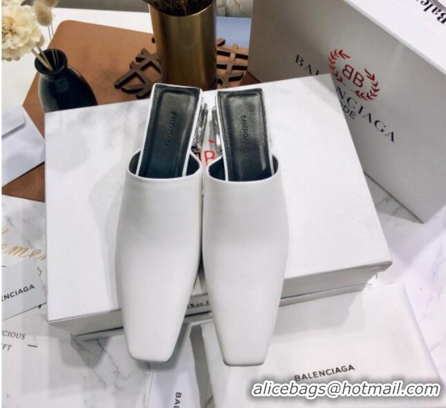 Super Quality Balenciaga Calfskin Square Toe Mules With BB Heel 052002 White