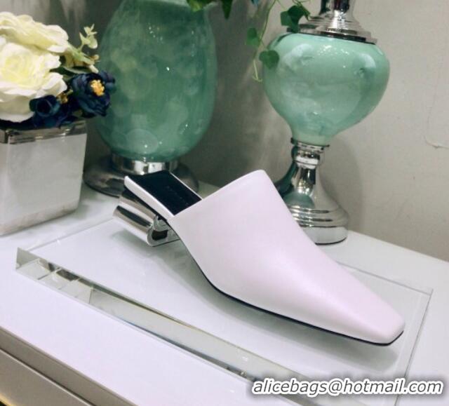 Super Quality Balenciaga Calfskin Square Toe Mules With BB Heel 052002 White