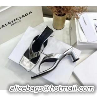 Top Quality BalenciMetallicaga Double Square 60mm Open Back Sandal in Metallic Leather Silver 060403