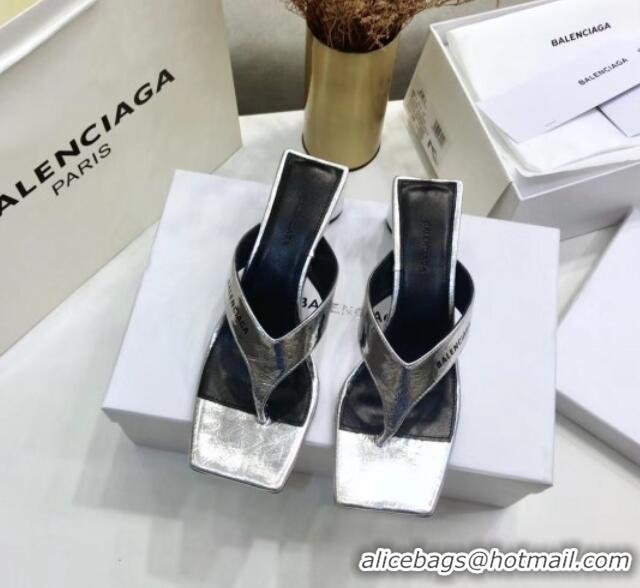 Top Quality BalenciMetallicaga Double Square 60mm Open Back Sandal in Metallic Leather Silver 060403