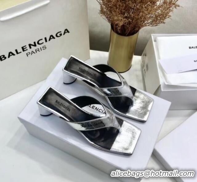 Top Quality BalenciMetallicaga Double Square 60mm Open Back Sandal in Metallic Leather Silver 060403