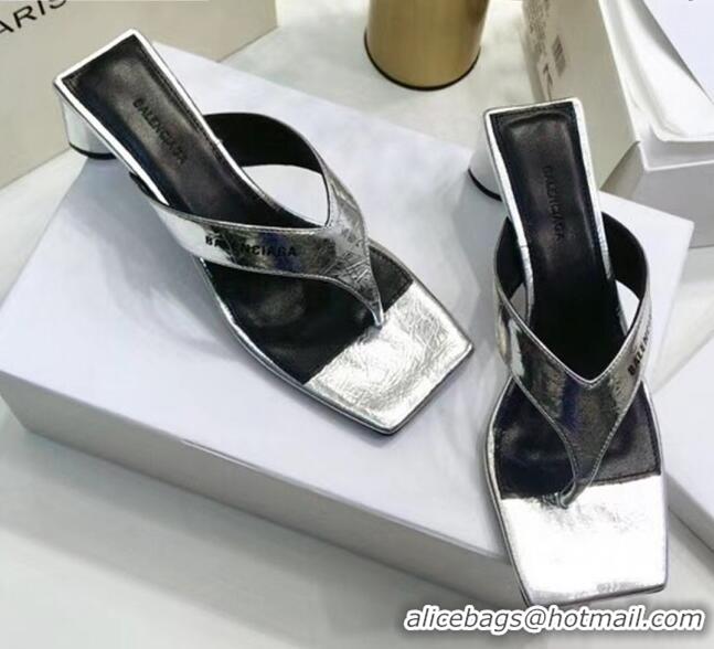 Top Quality BalenciMetallicaga Double Square 60mm Open Back Sandal in Metallic Leather Silver 060403