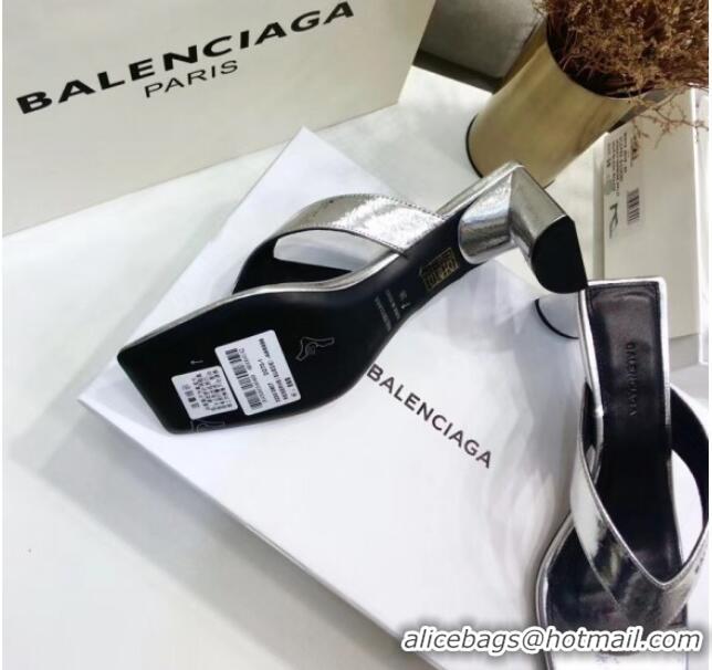 Top Quality BalenciMetallicaga Double Square 60mm Open Back Sandal in Metallic Leather Silver 060403